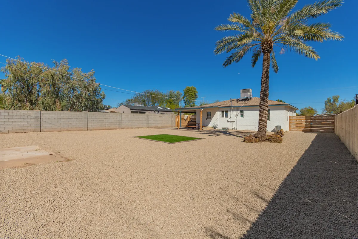 A tranquil backyard scene with a lush grassy area, a prominent palm tree, the house in the background, and a surrounding fence. The open green space is ideal for unwinding, spending time with a pet, or relaxing outdoors, evoking the peacefulness described in the section.